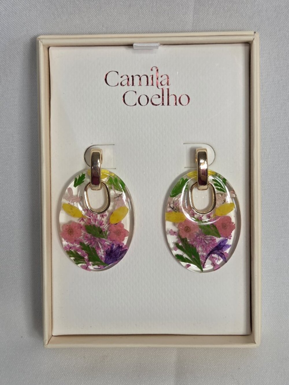Camila Coelho Floral Resin Oval Drop Earrings Real Pressed Dried Flowers Gold